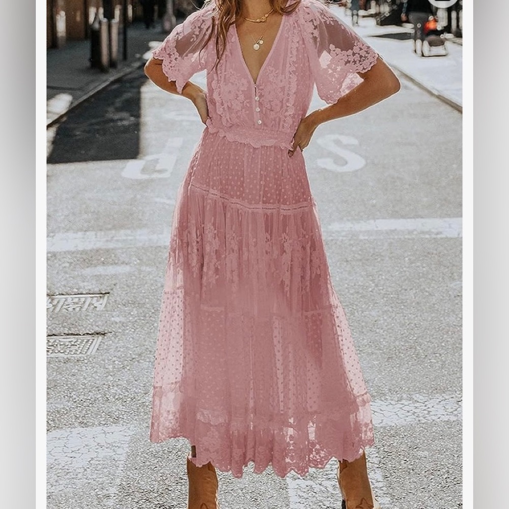 Bdcoco Women's V Neck Lace Maxi Dress Casual Short Sleeve Boho Flowy Dress